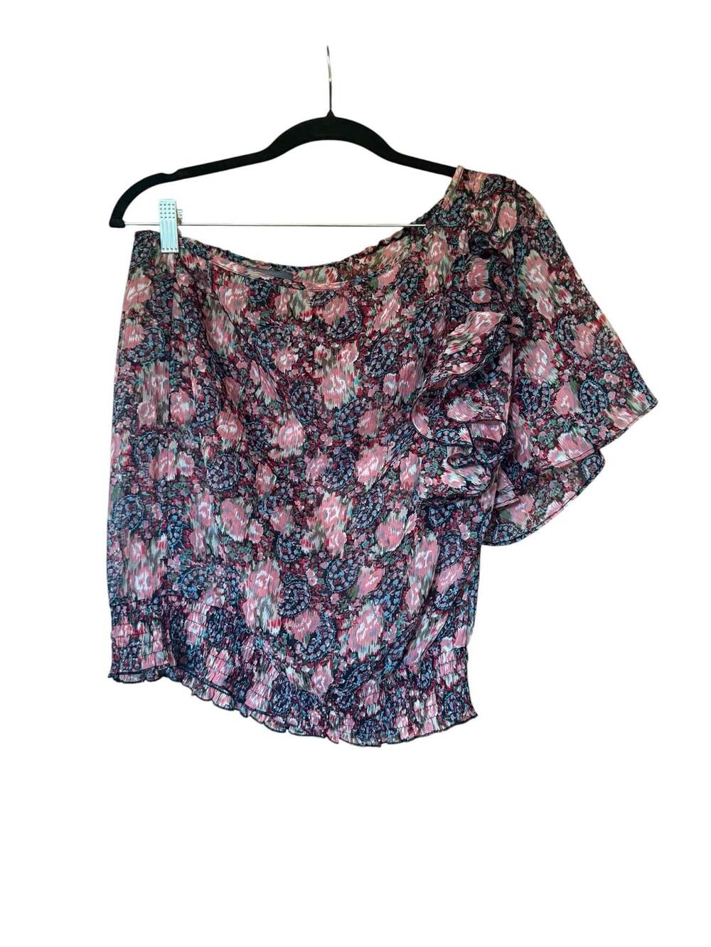 Fire Los Angeles One-Shoulder Ruffle Floral Sheer Blouse Smocked Waist Medium